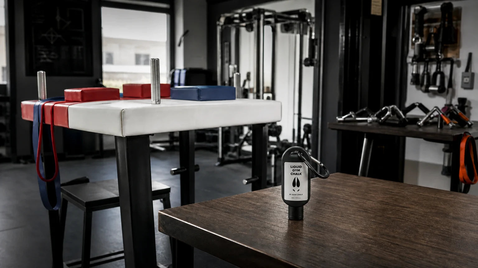 Goat Chalk liquid chalk bottle in an arm wrestling training room