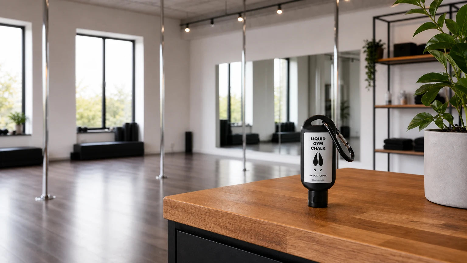Goat Chalk liquid chalk bottle in a pole fitness studio