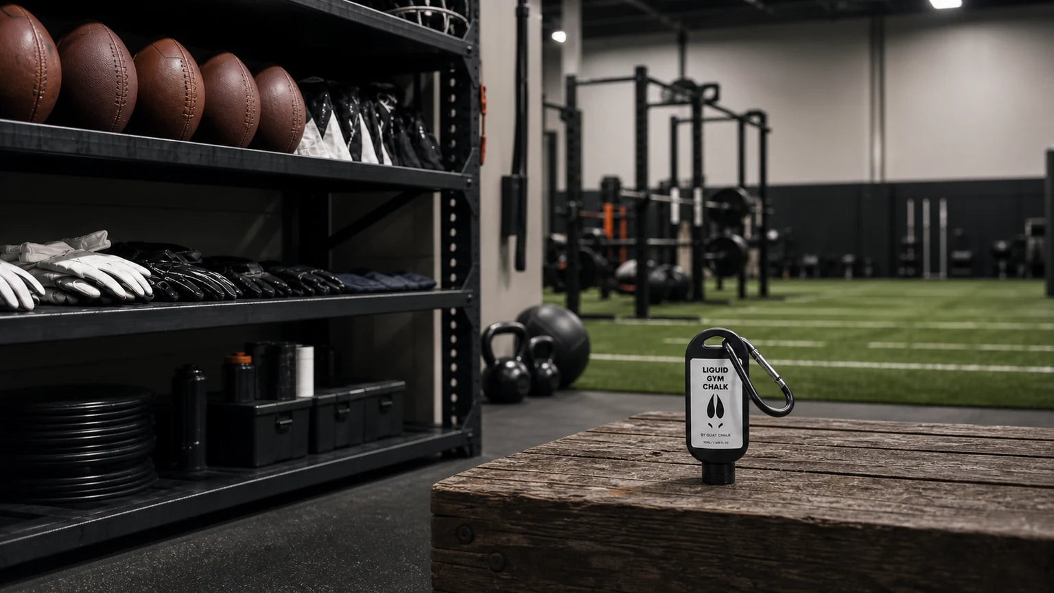 Goat Chalk liquid chalk bottle in a football training facility