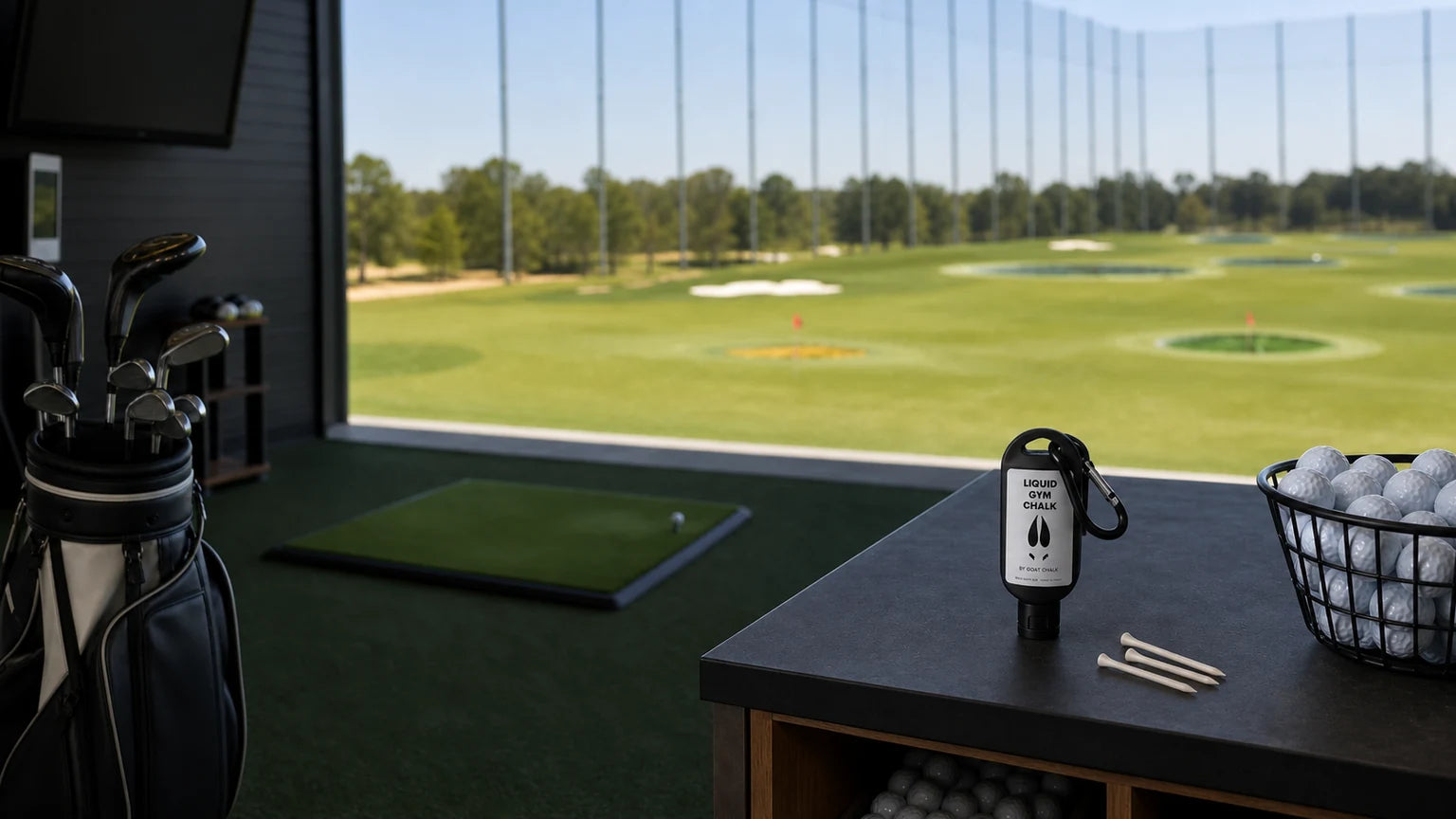 Goat Chalk liquid chalk bottle in a golf practice bay